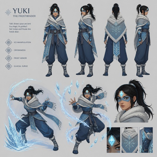 Female superhero with ice powers, mask, Asian , warm shawl, pants, diamond in forehead, multiple of the same character 