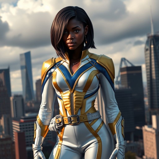 A teenage African American female superhero with hair in a shoulder length side part style wearing a mask wearing a partially leather white and Gold suit with blue accents and a stylized V as her chest emblem a utility belt and silver boots standing in Philadelphia during a cloudy day