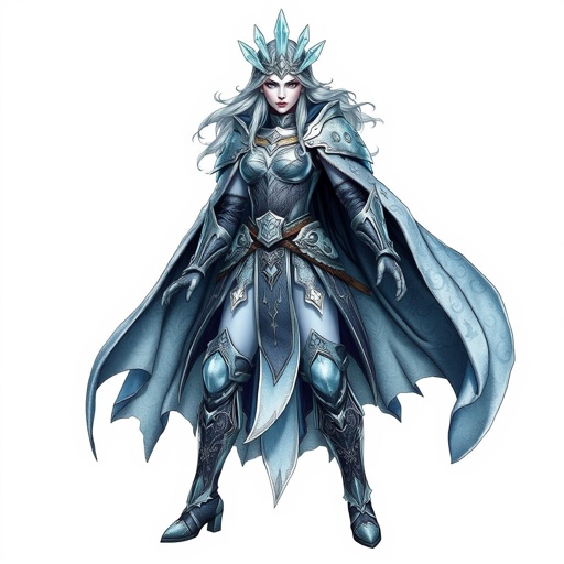 Create a battle woman hero called Alvara the Frostheart. Show full body head to toe including shoes