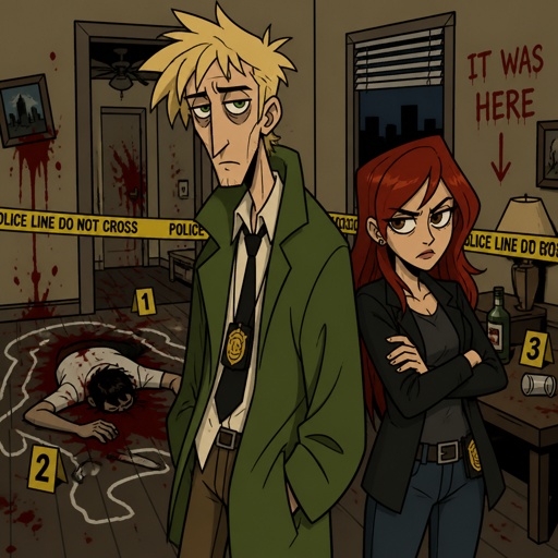 Anime style Male great detective takes his job real seriously really good at it mid 20s medium really crazy light blonde hair, tall thin, tied, clean shaven, strange green eyes wearing baggy loose mossy green jacket tired face, partner, long red hair brown eyes looking annoyed and concerned for him, trying take case seriously,very gruesome seen, person unknown, detective will do whatever he can, parent and him get into arguments usually partner will say "you really need some rest you can barely stand and your speaking trails off, how do you expect to finish this case with the little sleep and food you get" detective reply" all I need is some coffee, I can survive I don't plan on resting till I get to the bottom of this, worrying never helps"as he yawns, partners says back "ugh! your really stubborn, looks like I'm going to have to catch you again when you pass out"