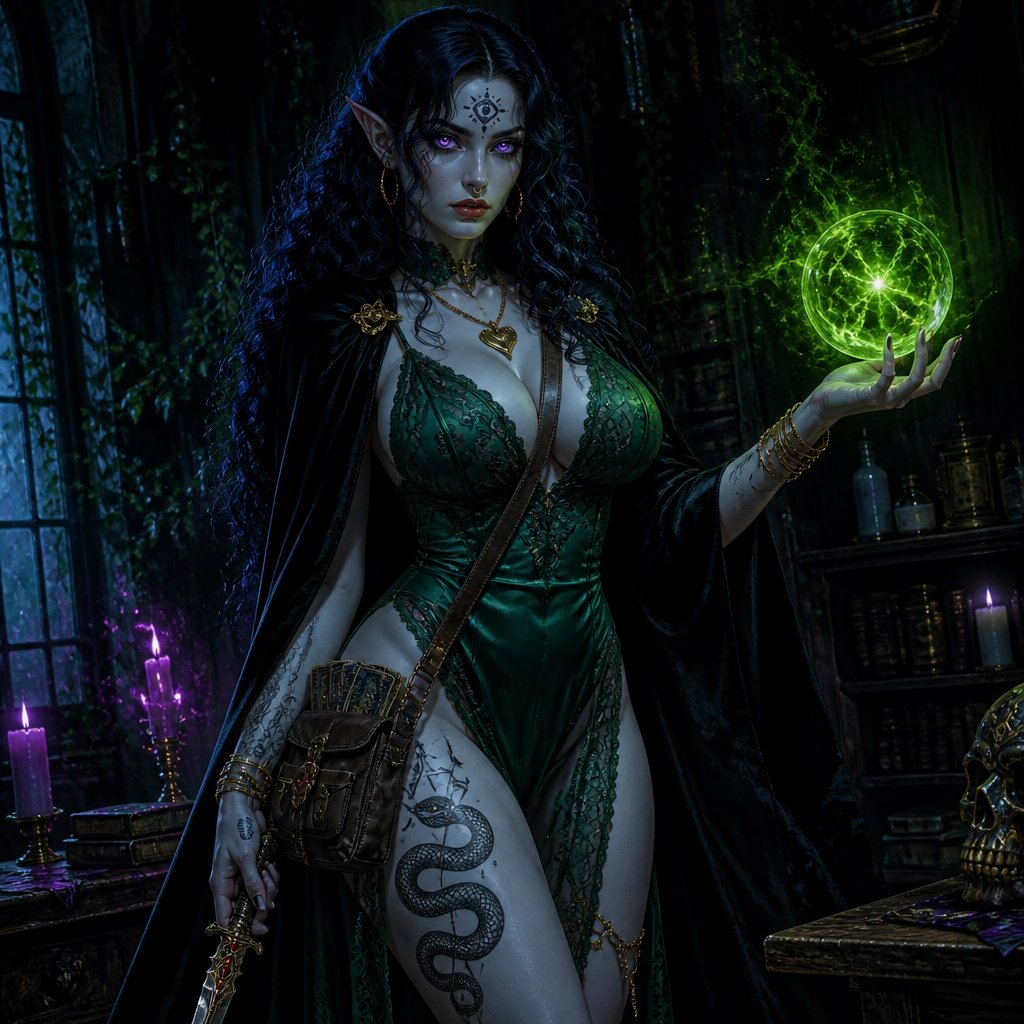 Female Elf with ghostly pale skin, she has large breasts, she has large thighs and wide hips, she’s about 6 foot tall, she has a perfect hourglass figure, she has glowing violet eyes, she has midnight blue hair, her hair is very curly, her hair length comes to just below her breasts, she has a brand in between her breasts of a digit that is an eye with three dots above it and three triangles below it and there’s a circle around it, she’s an adventurer from DnD so she has a leather satchel around her waist, she wears golden arm bangles like a gypsy, she has a golden anklet on, she has a golden heart shaped locket necklace on, she has very sharp but feminine facial features, she has a stern demeanor but not mean, she has very many golden hoop piercings all the way up her ears, she has a golden septum ring with an emerald gem in the center of it, she wears a lace and silk slip that is emerald green and it is ankle length but has a slit up the left leg that comes to the top of her thigh, she has a tattoo of a snake that starts at her ankle and wraps up and around her left leg, she has a black velvet cloak that is hooded and has golden clasps with a chain in the front around the neck area, she holds an ornate ritual dagger that’s bejeweled with blood red garnets, she has a pack of tarot cards in a leather hip pouch, she also holds a mystical neon green crystal ball