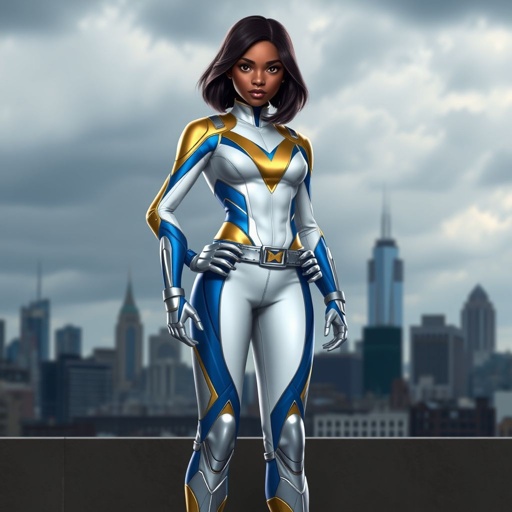 A teenage African American female superhero with hair in a shoulder length side part style wearing a partially white and Gold suit with blue accents and a stylized V as her chest emblem a utility belt and silver boots standing in Philadelphia during a cloudy day