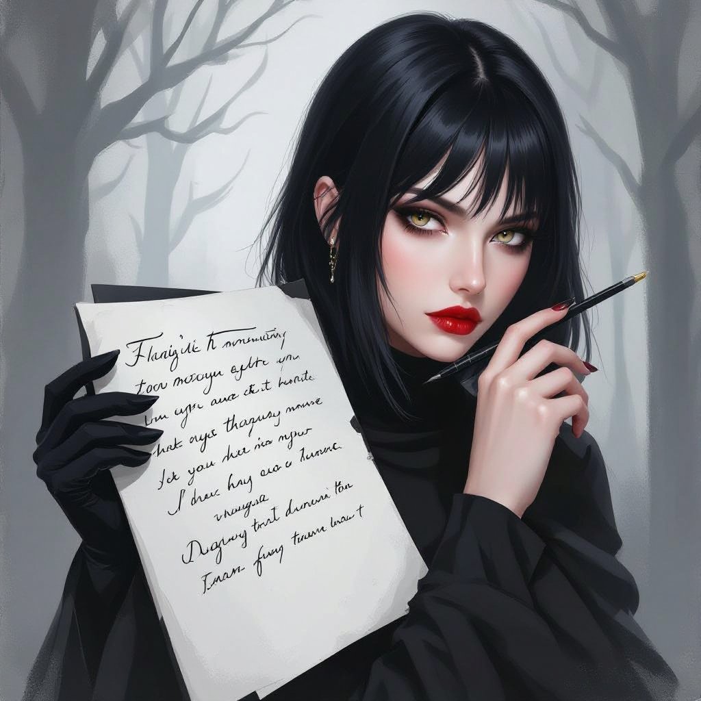 Create mysterious woman jet-black hair is cut sharpand her eyes seem to pierce through darkness. A shadowy aura clings to her form,