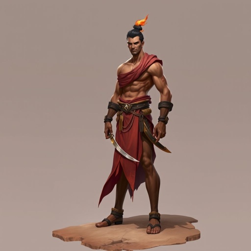 Create handsome hero Rhen the Fire – A lean, muscular man. He wears layered, flowing desert robes dyed in warm reds and golds, with scorch marks where flames have licked them. A curved blade hangs at his hip. Show whole body head to toe including her shoes.