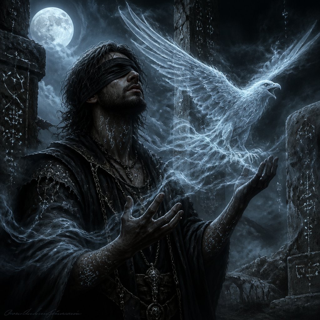 man blind fold with air spirit bird