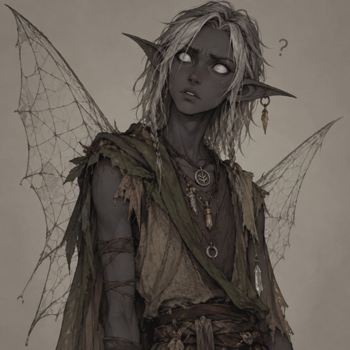 Male, dark grey skin, shoulder length messy hair, pointy ears, completely white large eyes, earring ring, slim, confused, spider web wings, dark elf, ragged nature clothes, multiple necklaces, tunic, concept, face expressions