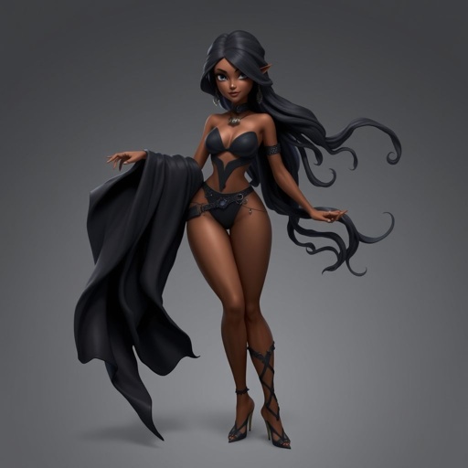 Create character hero Veyra of Shadows – A lithe, mysterious brown complexion woman draped in layered black silks that move like smoke around her. With jet-black hair. Show her whole body head to toe including her shoes.
