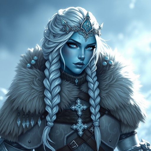 Create a character: Alvara the Frostheart – A tall, battle-hardened woman with pale, icy-blue skin that glimmers like frost in the sun. Her long silver hair flows in braids tipped with frozen beads. She wears heavy, fur-lined armor made from the hides of snow beasts. Her eyes glow faint blue. A frost-shaped crown rests lightly on her head.