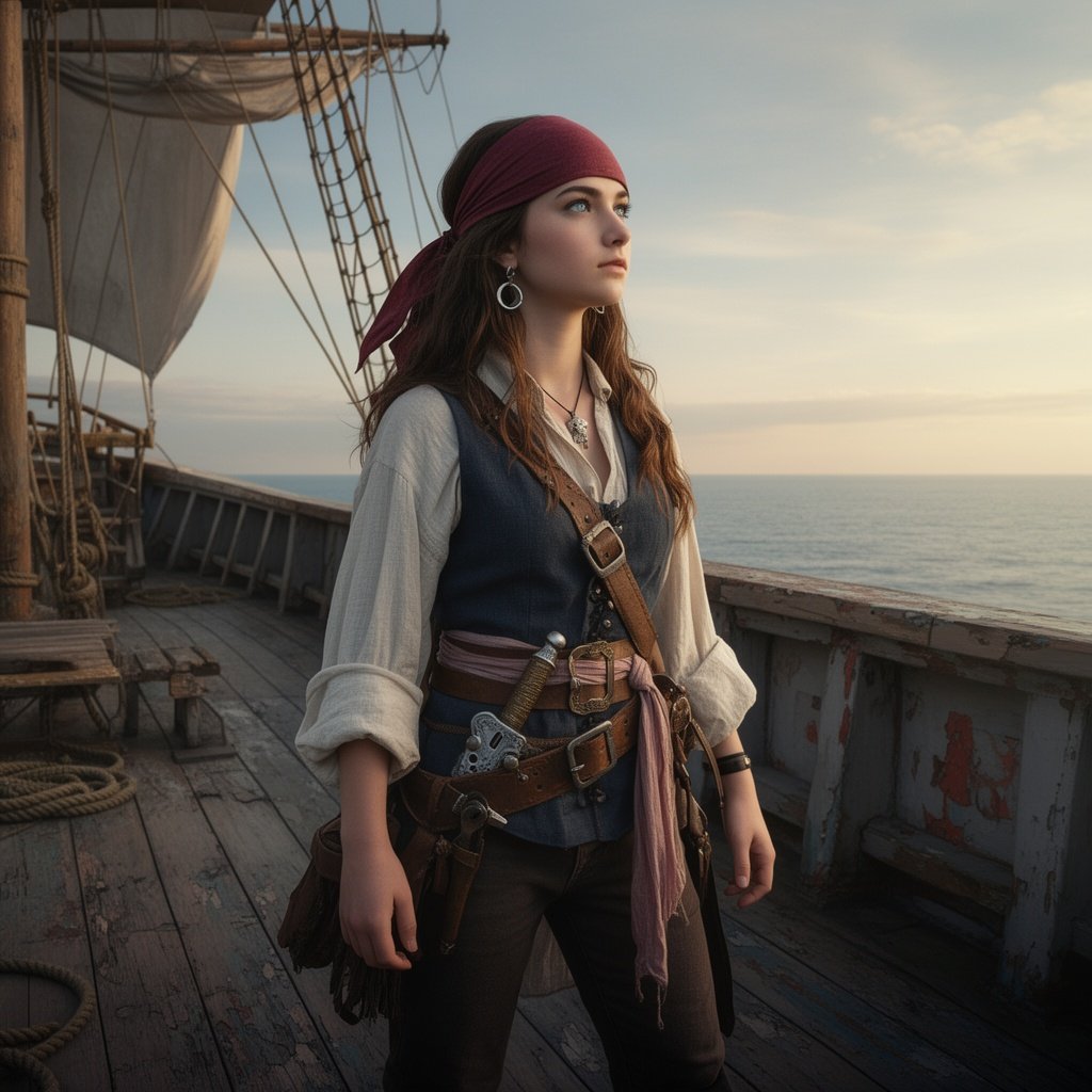 Teenage Pirate girl with brown hair and blue eyes