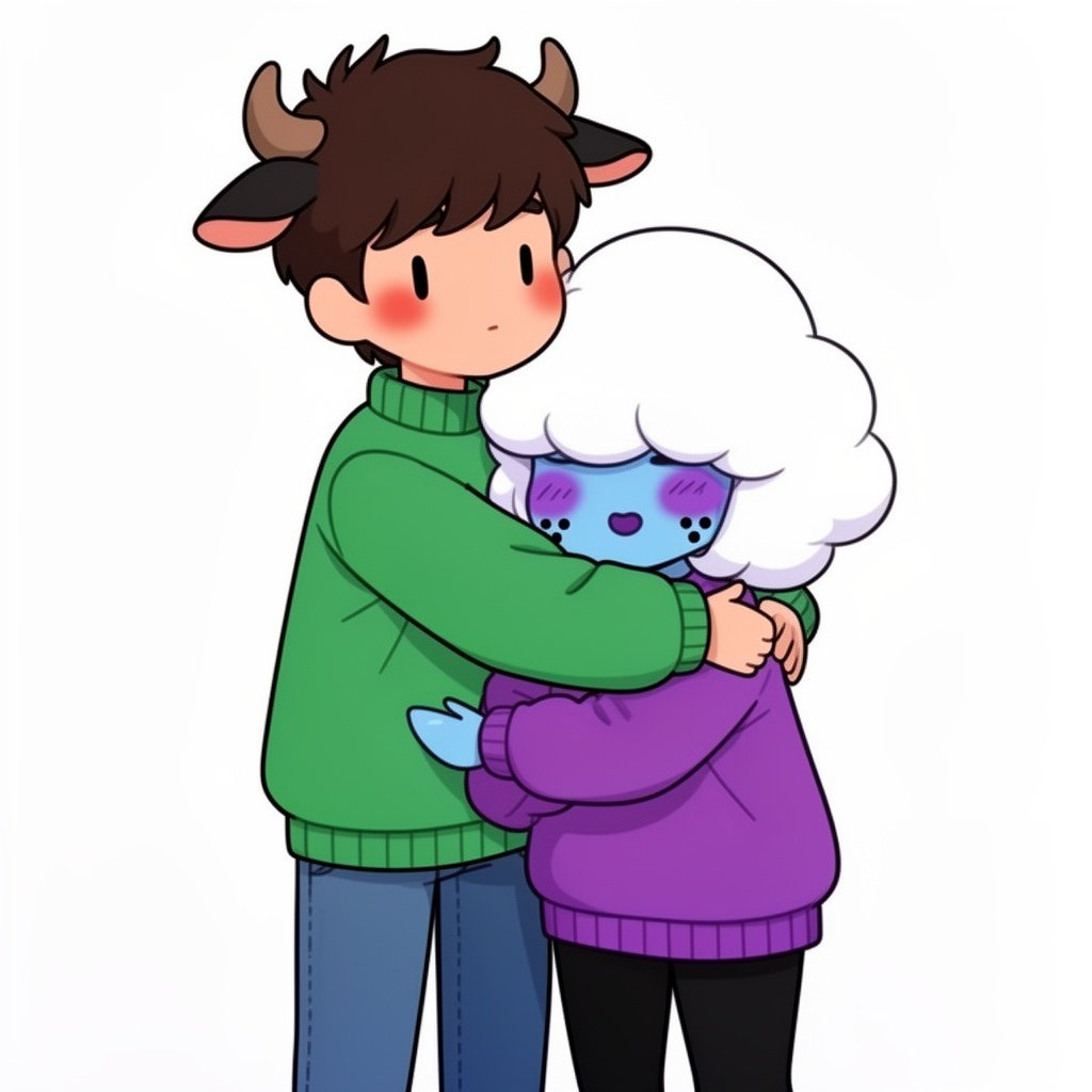 Two characters hugging wearing matching sweaters. The boy has a green one and the girl has a purple one. The boy has dark brown hair, small horns and cute cow ears. He is a little taller than the girl and usually has a blank expression but blushes a lot around her( he is also wearing jeans) the girl is wearing a matching purple sweater ( both are oversized) , her skin is blue with purple patches and she has a soft cloud shaped poof of white hair that covers her eyes. She is also wearing black leggings.  She has cute blushing cheeks and two small black dots on each . One vertical and the other horizontal. A purple patch covers half her face. 
