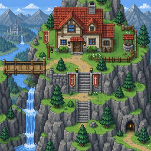 House on a mountain for a fantasy game set in modern times, exterior, top down style