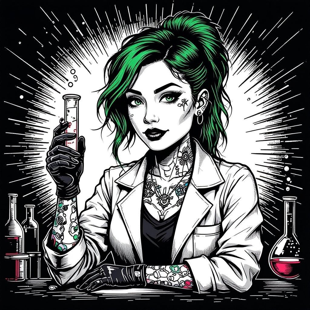 She is a woman that lives in the biotechnology faction of a RPG world. She’s 24 years old, is a scientist that uses herself as testing, had biochemistry tattoos and greenish hair. Her style has traces of punk