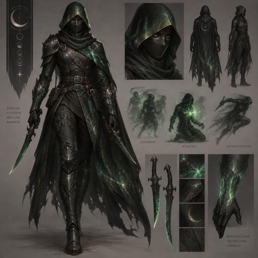assassin green shiny cosmos color mostly black, healing factor, illusionist