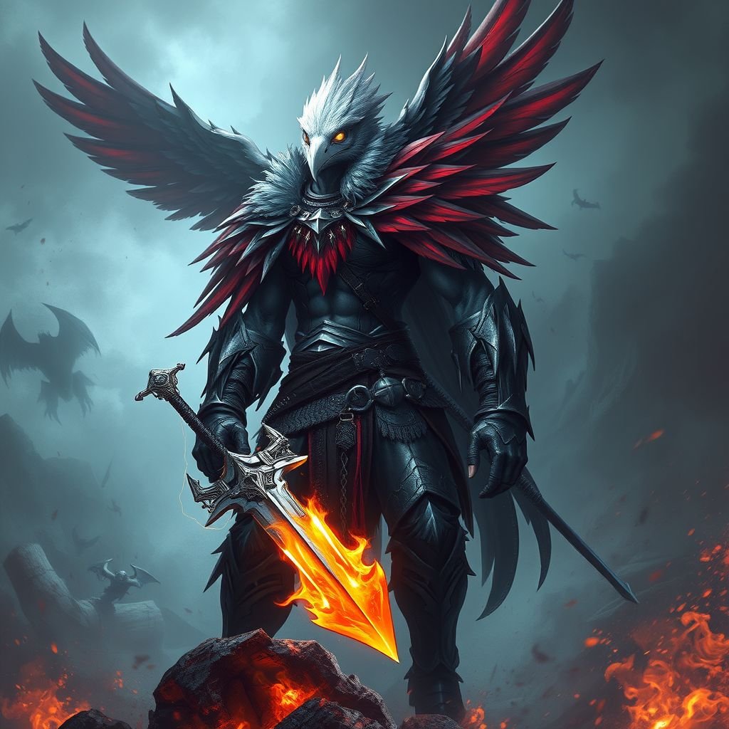 Bird silver humanoid barbarian fire