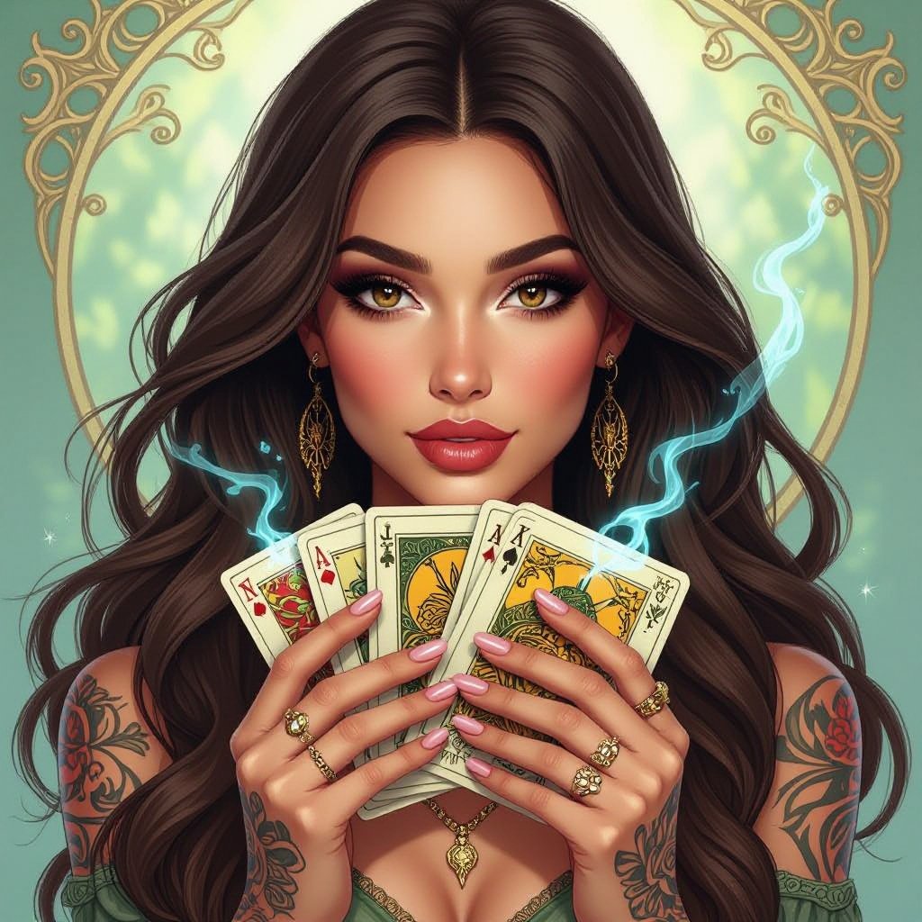 Kobieta człowiek.Brązowe długie włosy, brązowe oczy, pełne usta, delikatny makijaż, tatuaże. Pyzata twarz. Tarot