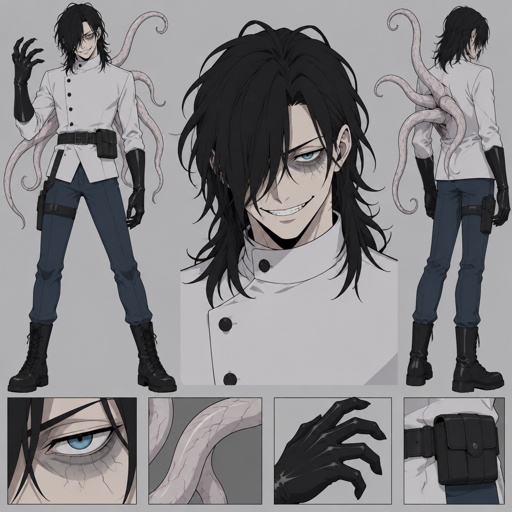 Male, black messy greasy hair, thin shoulder length hair in the back, long hair in the front covering one eye, blue eyes, eye bags, veins under eyes, pale tendrils coming out of back with veins, blue pants, boots, black rubber gloves, short scientist jacket buttoned up, belt with pouch, evil smile