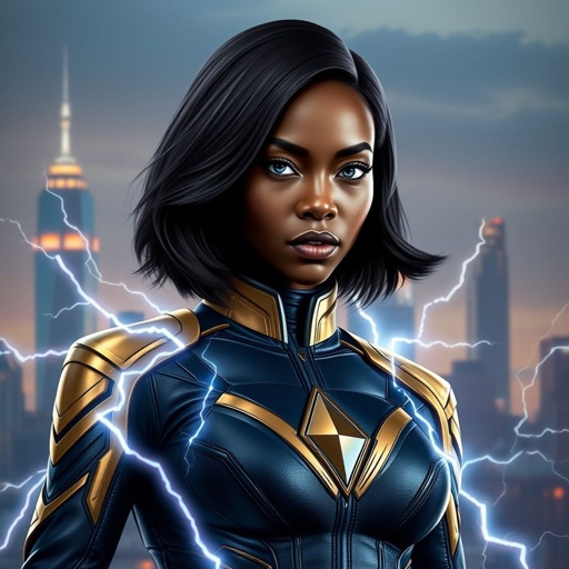 African American female superhero with hair in a shoulder length side part hairstyle with pure silver Glowing eyes wearing a leather slightly armored navy blue and gold suit with navy blue pants and gold boots with a diamond with the top half gold and the bottom half black her chest emblem with tendrils made of lightning coming out of her back in Philadelphia