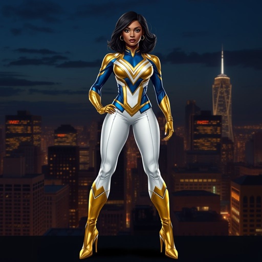African American female superhero with shoulder length hair in a side part style wearing a gold and white suit with blue accents with white pants and gold boots with a stylized V as her chest emblem standing ona roof in a Philadelphia at night