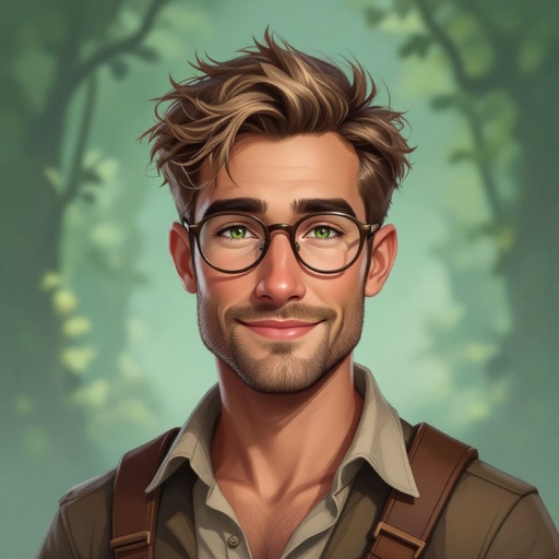 Mężczyzna. Człowiek. Włosy obcięte na jeżyka z widocznymi zakolami Włosy jasne. Krótkie włosy. Delikatny zarost. Oczy ciemnozielone. Delikatnie orli nos. Wąskie usta. Wąska szczęka. Smukła twarz. Duże okulary korekcyjne z wąskimi oprawkami. Uśmiechnięty. Ubrany w koszule. Postura lekko muskularna. 