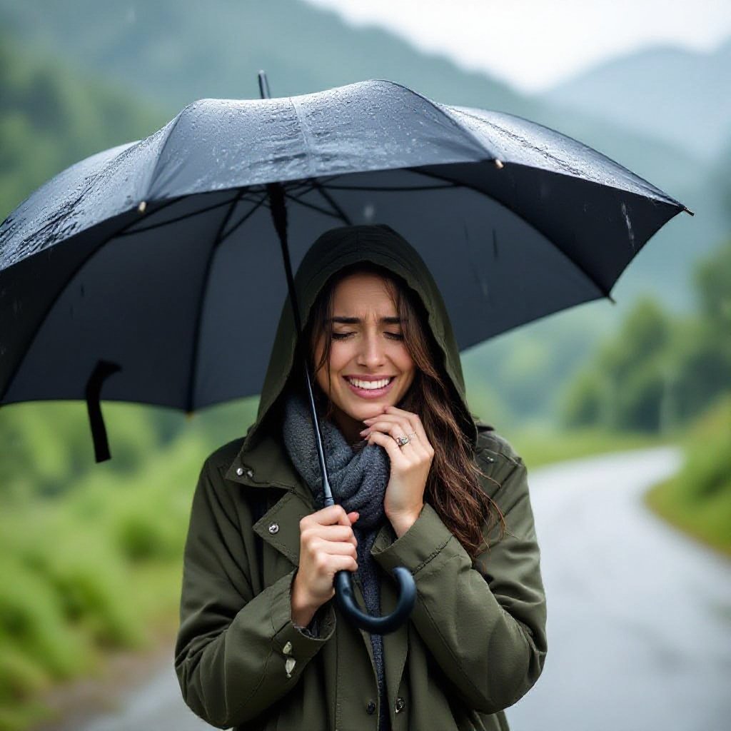 Woman crying in the mountains in the rain 
