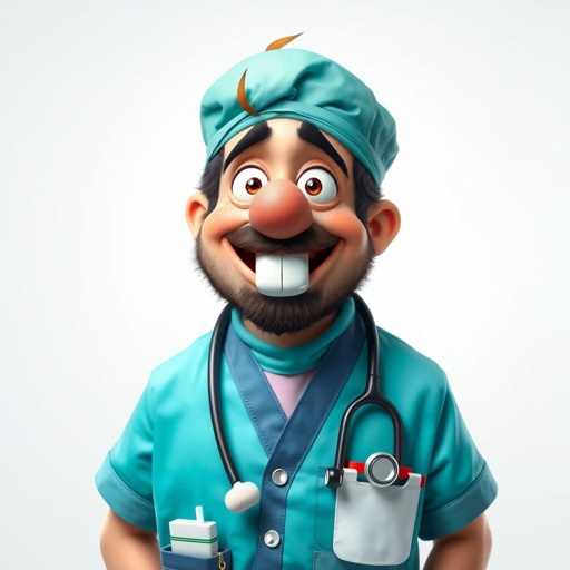 create a doctor. Who is funny human looking from head to toe. And he always immediately results to surgery for anything even small things. So please be sure to show his whole outfit head to toe. Make him have only 1 tooth