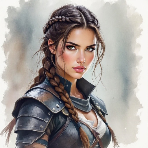 Thin warrior woman of 20 years old, brown hair with the bottom half in white, arranged in a coronet braid. She wears black fighting leathers. She has pale skin. In drawing realistic style