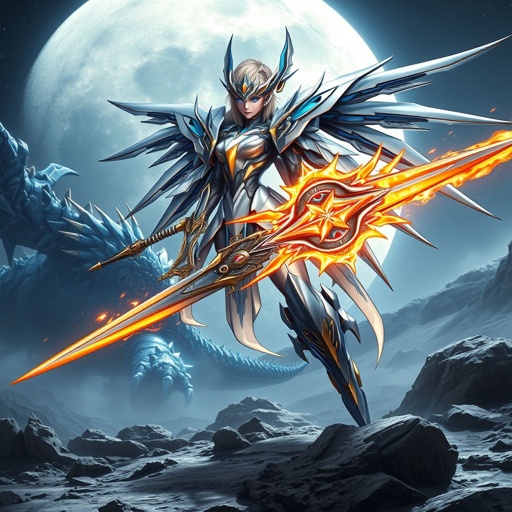 A blue white and gold feminine built mech with a giant flaming sword and metal wings fighting a blue and gold kaiju on the moon