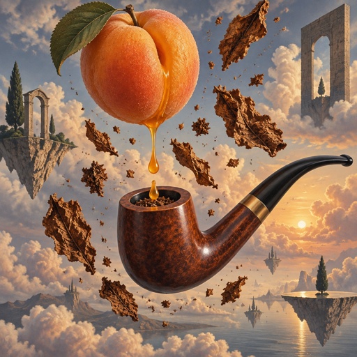 Apricot hanging above a tobacco pipe with a drop of juice about to fall into the tobacco pipe bowl and tobacco laying around 