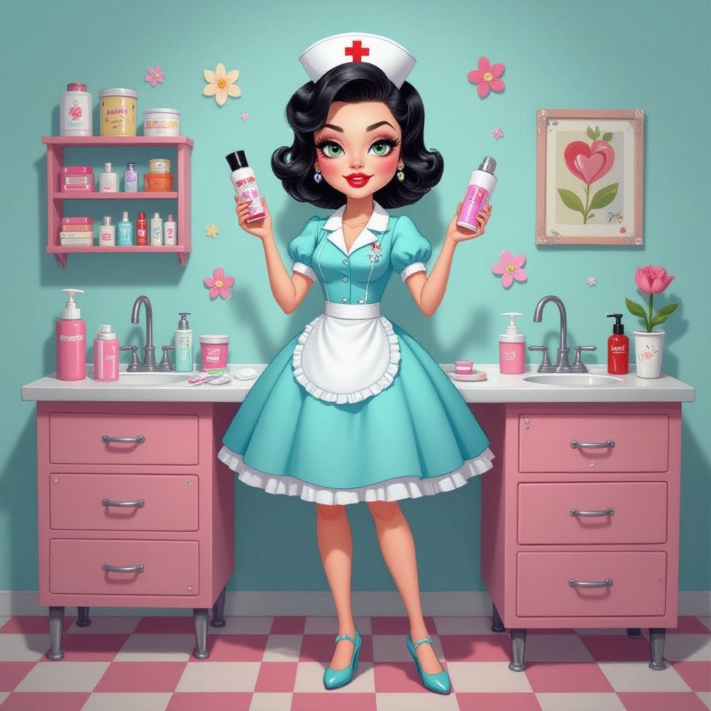 Create a nurse character showing there whole body head to toe, a lady who loves beauty products  