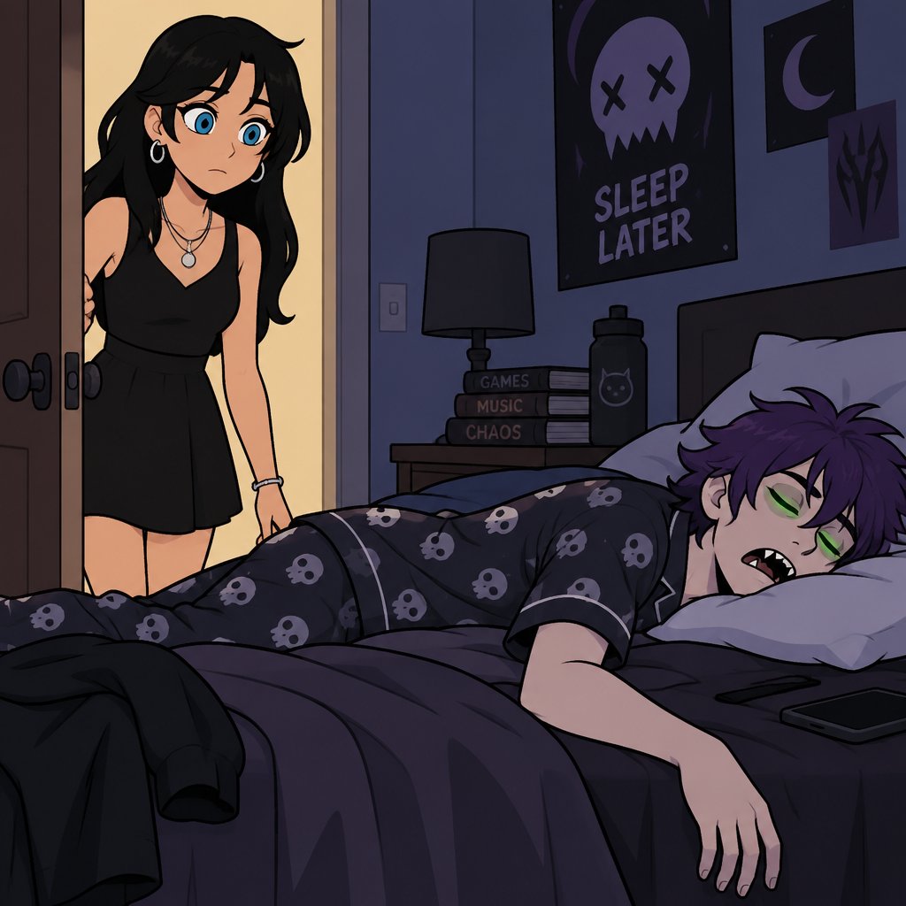 Two siblings, Female name Liz, oldest, tale, pale, beautiful, very calm expression, mysterious, black long curtain bangs hair style, bright blue eyes, wearing nice casual dress wearing jewelry,male, name Ward, middle child, made to be weapon, highly skilled, emergency backup case he gets out of control, hair violet messy bun, clean shaven, night vision eyes no goggles, sharp teeth, dark power,Liz entering wards room to wake him up,ward in his pajamas past out on bed,his hair down and messy