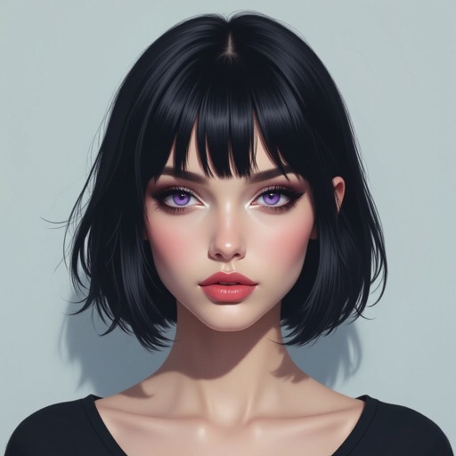 Show her entire body. Create mysterious woman jet-black hair is cut sharp to her jawline, and her violet eyes seem to pierce through darkness. A shadowy aura clings to her form, faint shapes shifting and flickering behind her like whispers of another realm. Show whole body head to toe