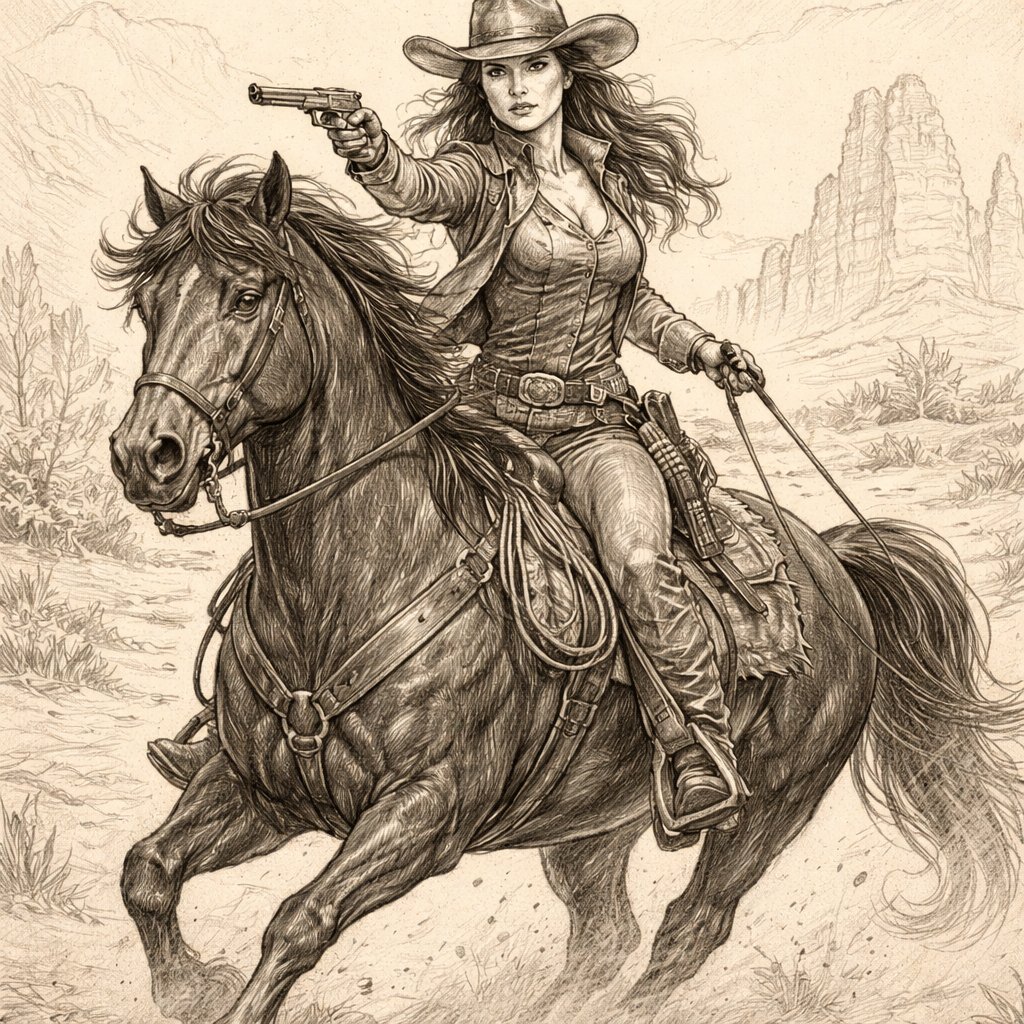 Cowgirl gunslinger with brown hair, black eyes riding big black stallion with western background