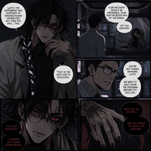 Anime male,name is Lloyd,hair messy long braided black hair with white stripes,clean shaven,highly skilled,in late 20s,migraines,sarcastic,red glowing eyes,one eye is severely damaged,serious face,been unwillingly experiment on for many years until finally found and rescued ,has power of a spider and control spiders make traps poison and crawl on walls and ceiling dangerous,glasses,wears a loose jacket a nice fully covered shirt ,loves spiders, nice big earrings,tattoos on arms that means arachnid and on left arm tattoo that says sub 389,doesn't remember anything from his past except the experiments, long scary fingers, spider fangs, traumatized,special agency is keeping an eye on him. Lloyd and a scientist having a conversation, scientist “do you know where you originally lived or any relatives” Lloyd “no… but why does that matter know? Who cares I don’t,there’s no point, I wouldn’t be recognized by them anyway”scientist”you don’t care to find out who you are?” Lloyd “no…I don’t” scientist “what else do you remember?” Lloyd staring of in the distance with a small look of fear in his eyes says “only the experiments”as a comic