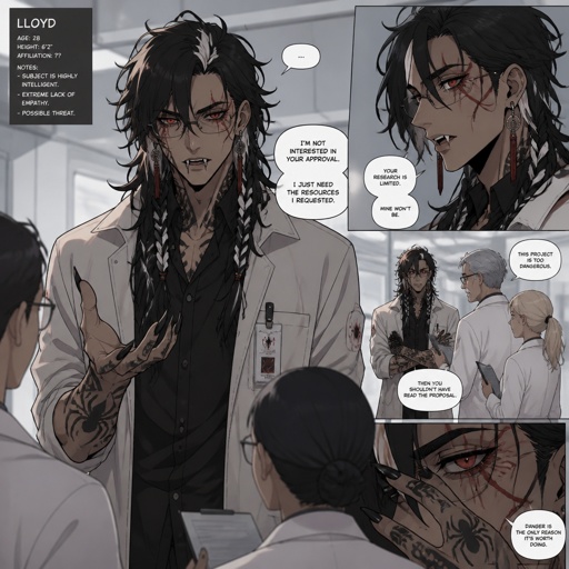 Anime male,name is Lloyd,hair messy long braided black hair with white stripes,clean shaven,highly skilled,in late 20s,migraines,sarcastic,red glowing eyes,one eye is severely damaged,serious face,been experiment on for many years until finally found and rescued ,has power of a spider and control spiders make traps poison and crawl on walls and ceiling dangerous,glasses,wears a loose jacket a nice fully covered shirt ,loves spiders, nice big earrings,tattoos on arms that means arachnid and on left arm tattoo that says sub 389,helps people but on his terms,doesn't remember anything from his past except the experiments, long scary fingers, spider fangs, traumatized,special agency is keeping an eye on him. Him and the scientists having a conversation, scientists “do you know where you originally lived or any relatives” Lloyd “no… but why does that matter know? Who cares I don’t there’s no point I wouldn’t be recognized by them anyway”scientists”you don’t care to find out who you are?” Lloyd “no…I don’t” scientists “what else do you remember?” Lloyd staring of in the distance with a small look of fear in his eyes says “only the experiments”as a comic
