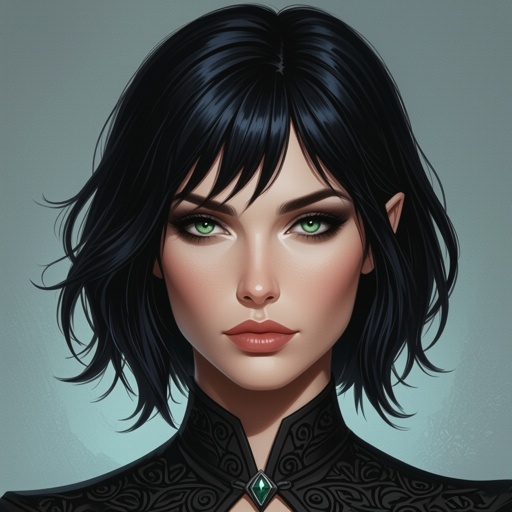 Show character head to toe. Create a mid age fantasy woman jet-black hair is cut sharpand her eyes seem to pierce through darkness. A shadowy aura clings to her form,