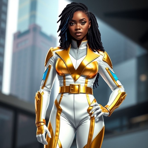 A teenage African American female superhero with hair in a loc side part style wearing a mask wearing a professionally made white and Gold suit with blue accents and a stylized V as her chest emblem a utility belt and gold boots