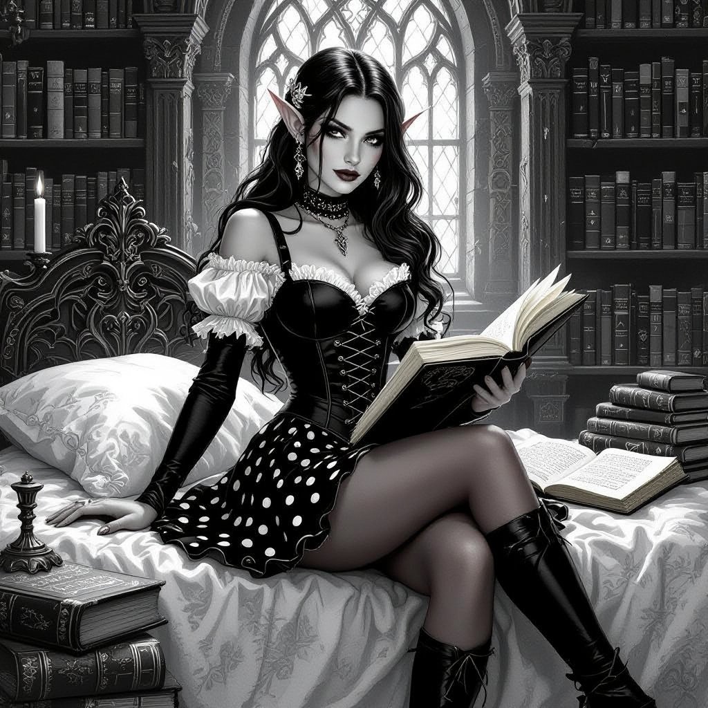 Dark Brunette Elf Witch Librarian in Black and white Polka Dot Mini Pencil Skirt laying on Library Bed