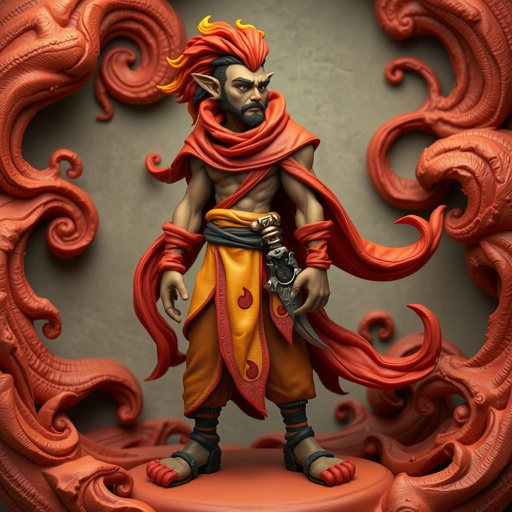 Create handsome hero Rhen the Fire-Singer – A lean, muscular man. He wears layered, flowing desert robes dyed in warm reds and golds, with scorch marks where flames have licked them. A curved blade hangs at his hip. Show whole body head to toe including her shoes.