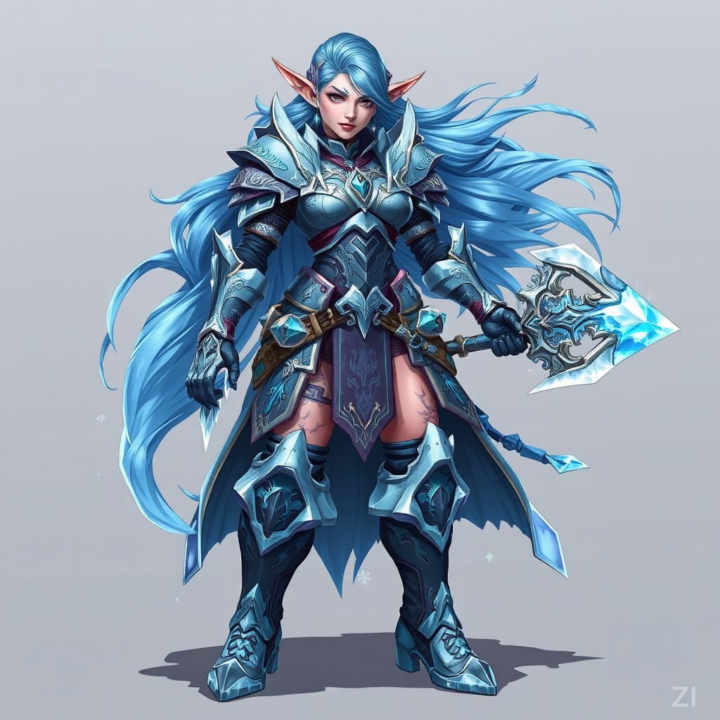 Create a battle woman hero called Alvara the Frostheart. Show full body head to toe including shoes 