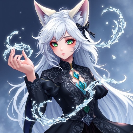 (Genshin Impact) A pale teenage girl with a Cryo Vision wearing a royal black top and trousers with hair and small fox ears as white as snow with emerald eyes and conducting ice