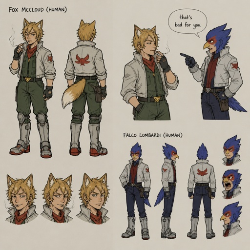 Super smash brothers Fox from star fox as a human, Falco from star fox as a human, fox as a human smoking and Falco as a human scolding fox for smoking saying “that’s bad for you “
