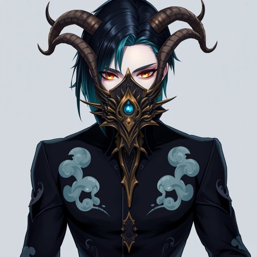 A pale young man with black hair and teal-coloured highlights with golden eyes. Wears a dark, close-fitting outfit adorned with cloud patterns, and a mask inspired by exorcism rituals, featuring horns and a centre eye. His design incorporates elements of antiquity and ethereality, balancing practicality with a sense of otherworldliness.