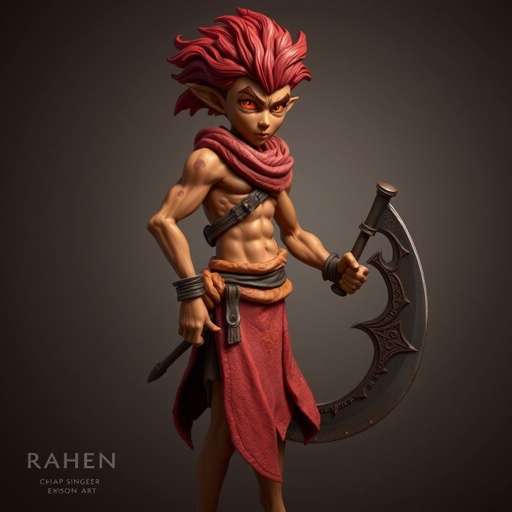 Create a character: Rhen the Fire-Singer – A lean, muscular man with sun-kissed bronze skin and ember-like eyes. His hair is a wild mane of deep crimson. He wears layered, flowing desert robes dyed in warm reds and golds, with scorch marks where flames have licked them. A curved blade hangs at his hip.