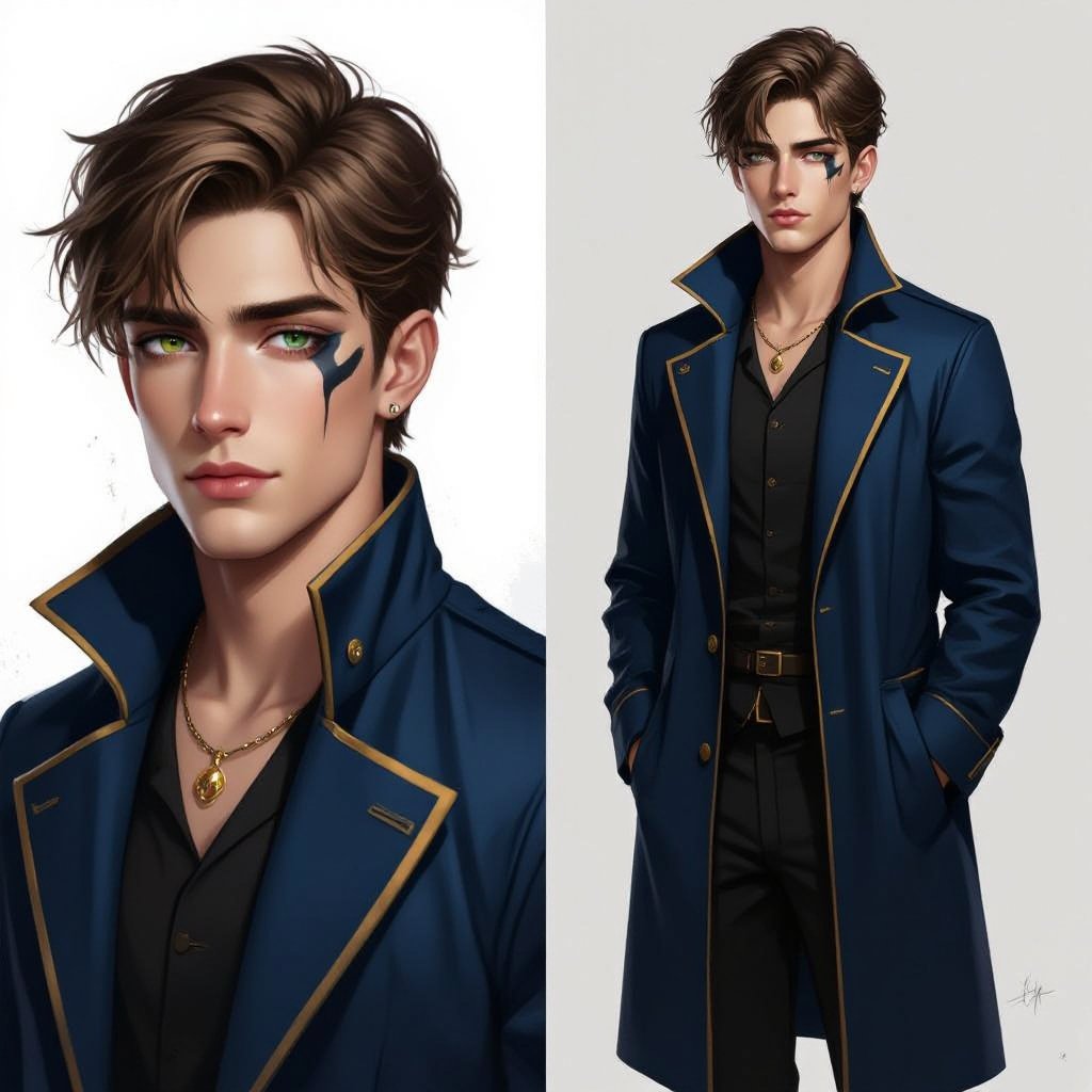 Male 19-year old with Light brown hair with a streak of black in his hair with one green eye and one black eye. He wears a sleeveless blue long coat with a gold outline  