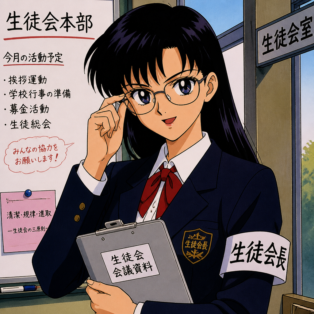 A sharp glasses-wearing student council president in a crisp uniform with a clipboard, pushing up specs with a smile.