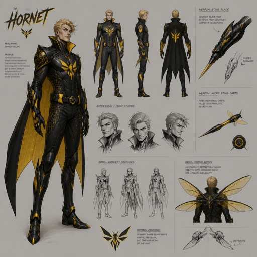 Male super Villian with a suit that has hornet abilities ,blonde,