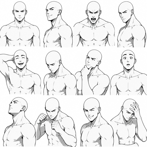 Different face expressions male half body drawing base, dynamic, bald
