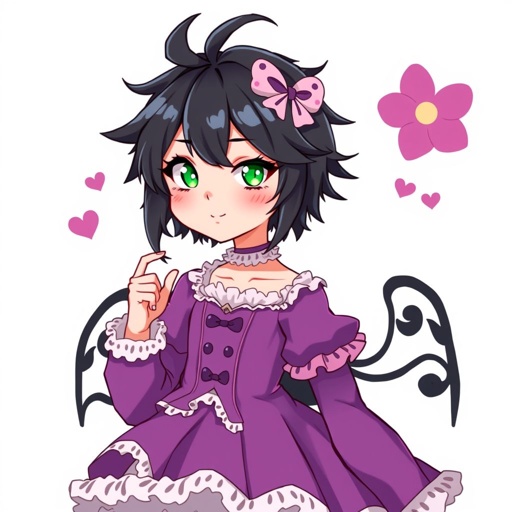 Short black hair. Jade green eyes. Purple fancy dress. 13 years old. Tomboyish. 