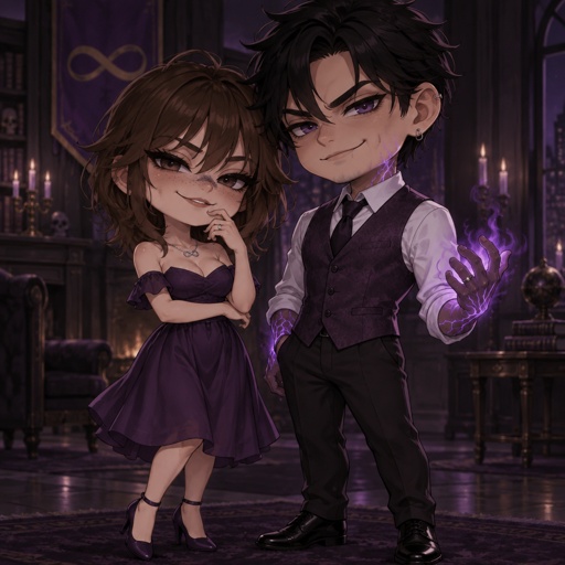 Female, slim, straight brown neck length wolf cut hair ears completely covered by hair, freckles, dimples, long eyeliner, upturned nose, knee length purple dress off the shoulders, jewelry, necklace infinity symbol, heels, wedding ring, smirk, no cleavage showing, Male, slim, black messy hair, back hair, brushed side hair, scar on upper and lower lip, ear piercing ring, mid 40s, glowing purple hands, purple glowing veins, purple vest, white shirt, wedding ring, clean shaven, smile, both are evil