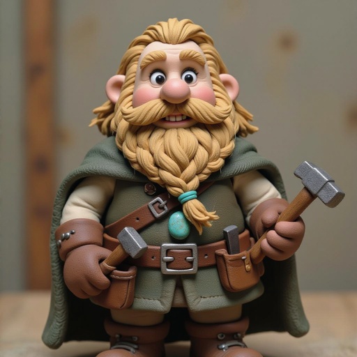 Create a stocky dwarf with a weathered face, braided beard tucked into his belt, and straw-tousled hair. Wears a soot-stained cloak over a leather smith’s vest, tool belt with hammer and chisels, heavy boots. Subtle turquoise rune glow from a pebble at his neck,